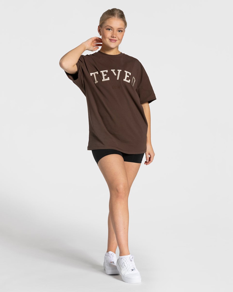 TEVEO College Oversized T-Shirt Tmavě Hnědé | RQEY-05164