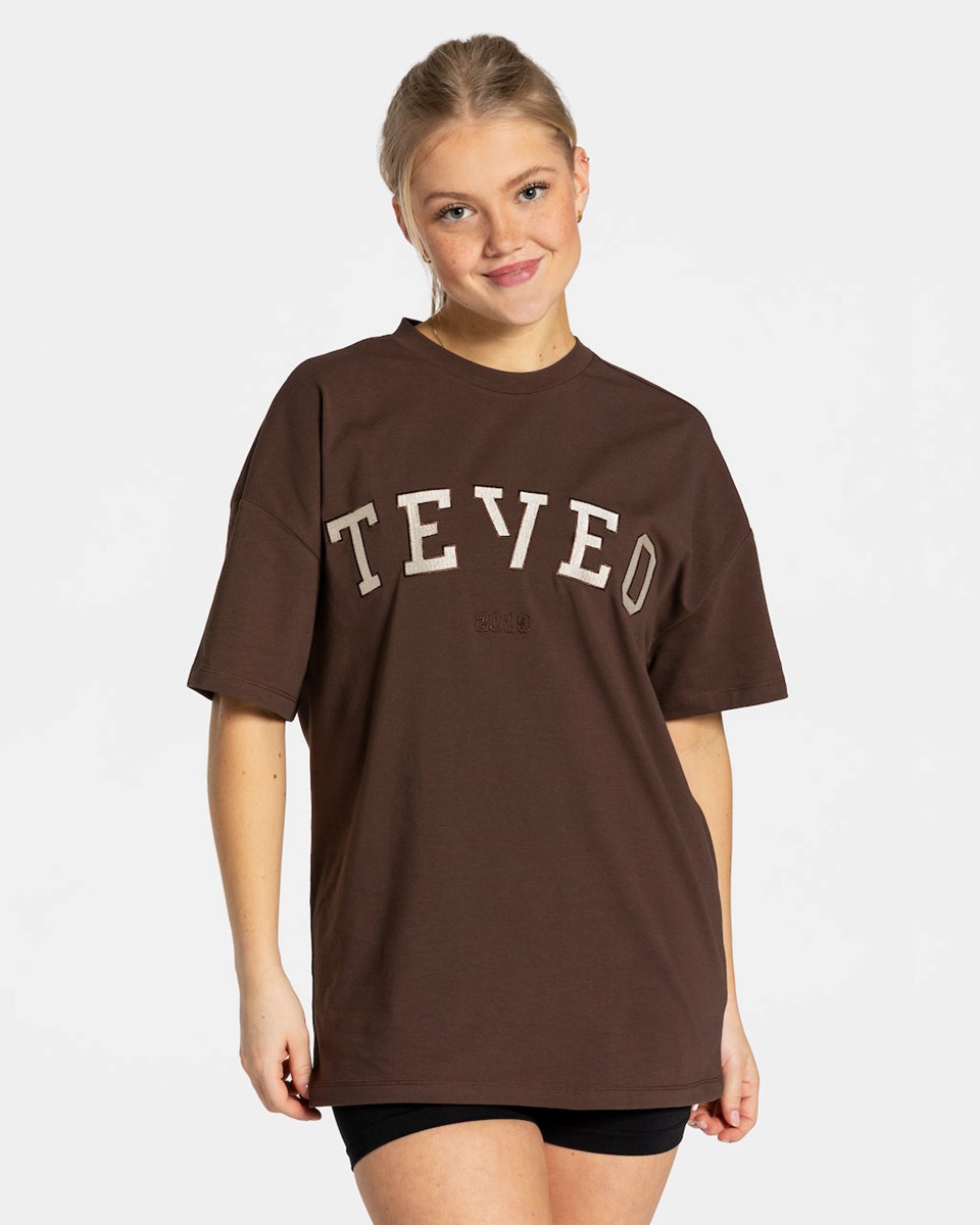 TEVEO College Oversized T-Shirt Tmavě Hnědé | RQEY-05164