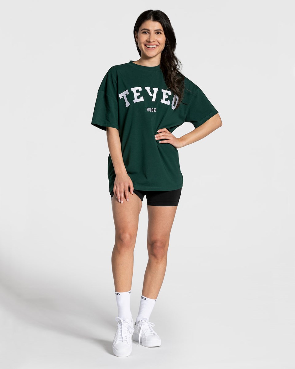 TEVEO College Oversized T-Shirt Tmavě Zelene | QNEI-47851
