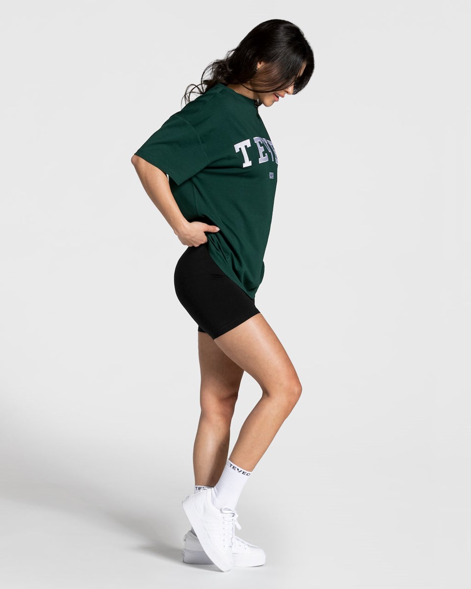 TEVEO College Oversized T-Shirt Tmavě Zelene | QNEI-47851