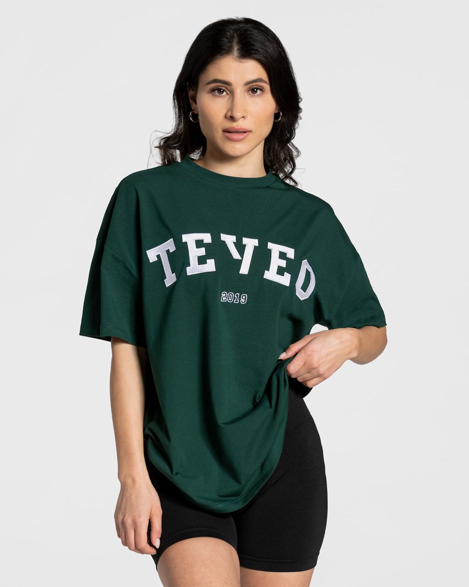 TEVEO College Oversized T-Shirt Tmavě Zelene | QNEI-47851