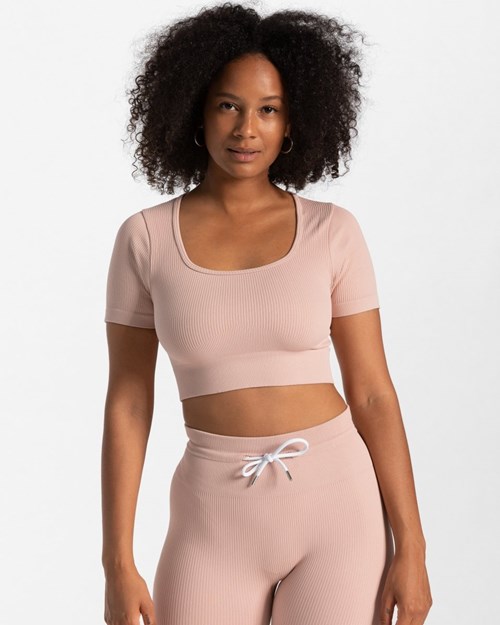 TEVEO Žebrovaný Crop Top Růžové | KQZY-84157